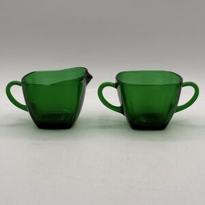 Vintage Anchor Hocking Cream And Sugar‎ Set Emerald Green Glass